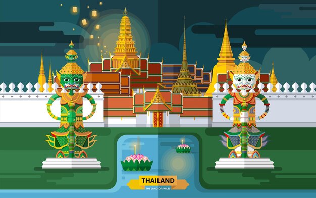 Vector thailand travel concept the most beautiful places to visit in thailand in flat style