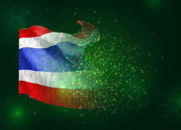 Thailand on vector 3d flag on green background with polygons and data numbers