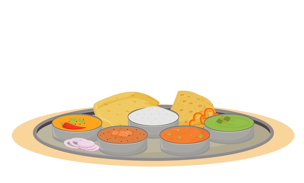 Thali cartoon . Indian traditional dish, metal plate with meals flat color object. Restaurant food portion serving, steel tray with delicacies isolated on white background