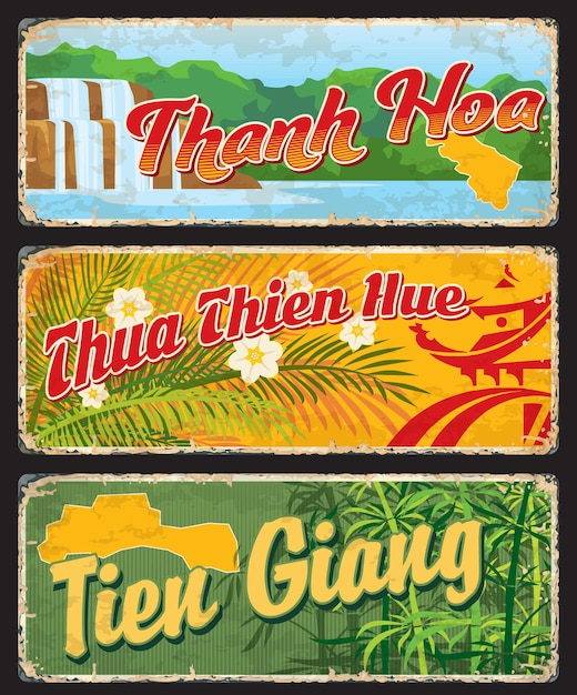 Thanh Hoa Thua Thien Hue and Tien Giang vietnamese regions retro plates and travel stickers Asian journey grunge tin sign Vietnam province tourism vector cards with jungle leaves and Hieu waterfall