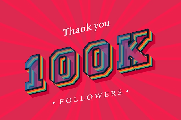 Thank you 100k social followers and subscribers with numbers Trendy Retro text effect 3d render