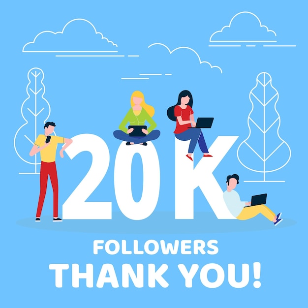 Thank you 20000 followers numbers postcard. People man, woman big numbers flat style design 20k