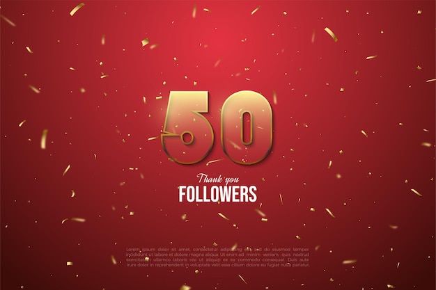 Thank you to 50k followers with transparent figures and brown borders on a red background with gold spots.