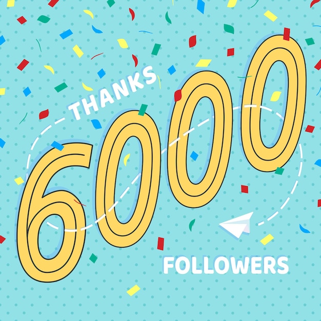 Thank you 6000 followers numbers postcard. Congratulating retro flat style design 6k thanks