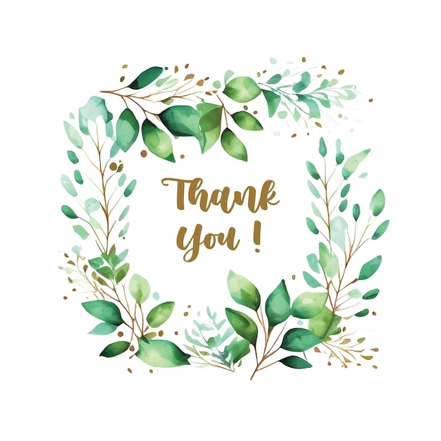 Thank You card green leaves square shape watercolor paint