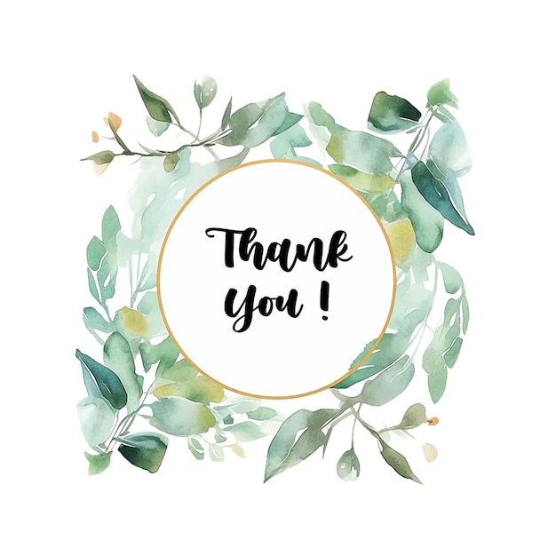 Thank You card green leaves with gold circle watercolor paint