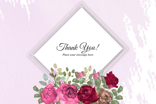 Thank you card template set with watercolor floral roses wreath Premium Vector