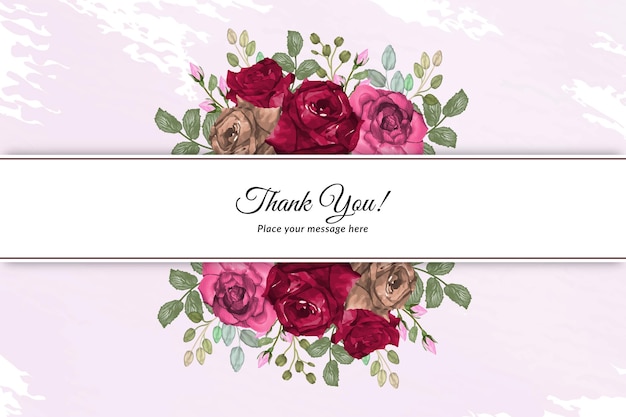 Thank you card template set with watercolor floral roses wreath Premium Vector