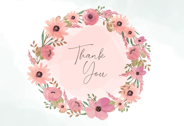 Thank you card with circle floral wreath Pink blossom flower greeting card