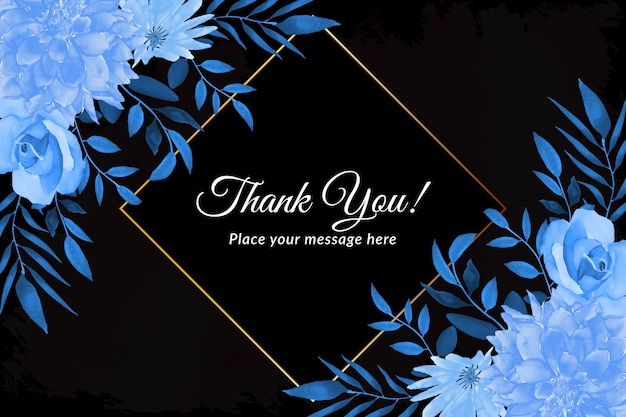 Thank you card with floral wreath blue flower and black background with watercolor Free Vector