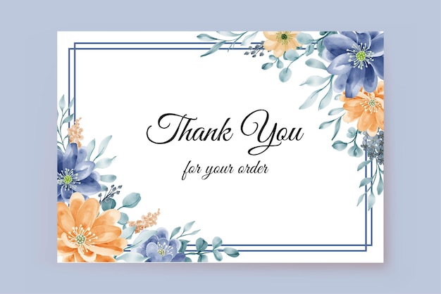 Thank you card with flower blue orange frame background