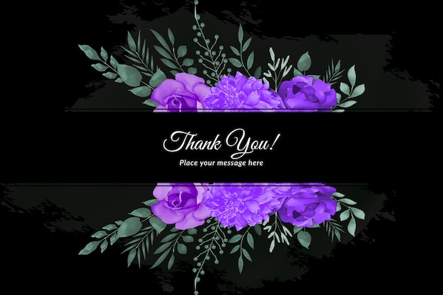 Thank you card with purple rose's and green leave's with watercolor Free Vector