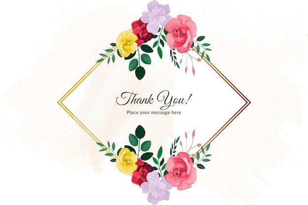 Thank you card with red rose's and green leave's with watercolor Free Vector