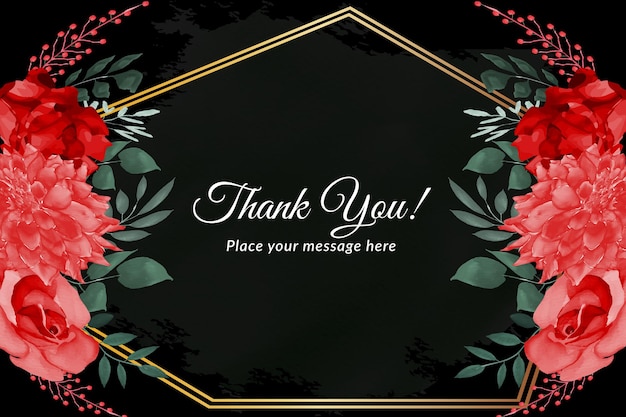 Thank you card with red rose's and green leave's with watercolor Free Vector