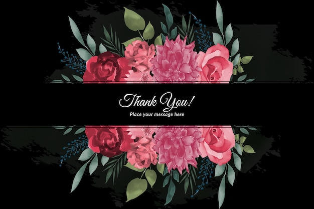 Thank you card with red rose's and green leave's with watercolor Free Vector