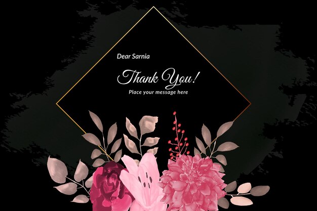 Thank you card with red rose's with watercolor floral frame Free Vector