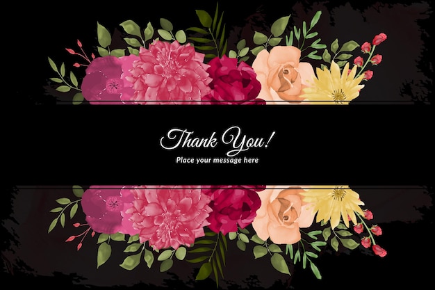 Thank you card with red rose's with watercolor floral frame Free Vector