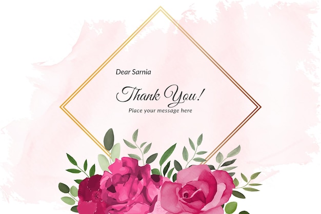 Thank you card with red roses watercolor floral Free Vector