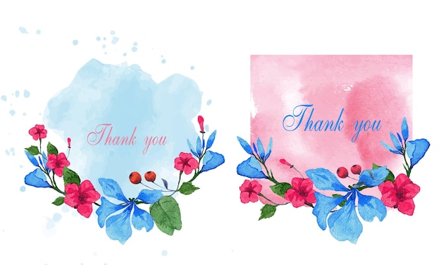 Thank you card with soft blue and red floral wreath watercolor Vector