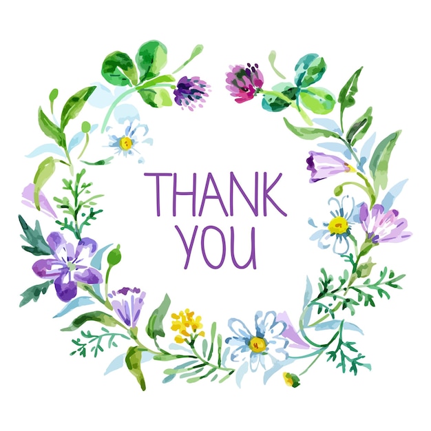 Thank you card with watercolor floral bouquet. Vector illustration