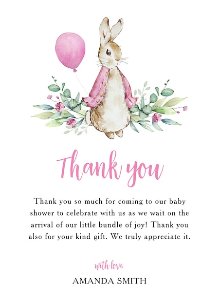 Vector thank you card with watercolor pink peter rabbit