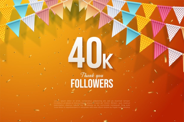 Thank you  followers with illustrated numbers and colorful flags on an orange background with gold spots.