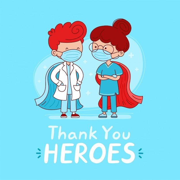 Thank you heroes card. Cute doctor and nurse with medical masks and super hero capes. cartoon character flat line illustration. Superhero medical healtcare workers concept