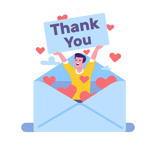 Thank you letter and man with gratitude note Thankful people Happy male standing in envelope Person showing banner with grateful words Greeting message Vector thankfulness concept