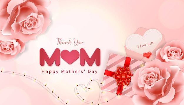 Thank you mom vector background with roses gift and card