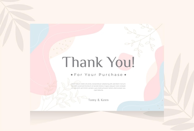 Thank you for purchase card with hand drawn flower abstract shape background template