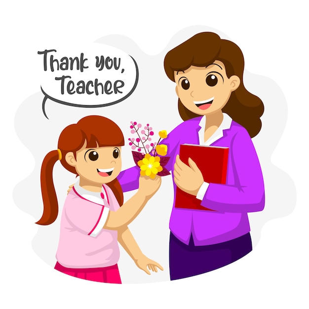 Thank You Teacher. A female student gives flowers to her teacher. Flat illustration of Teacher's Day.