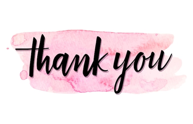 Thank you vector handwritten calligraphy over pink watercolor brush strokes background.