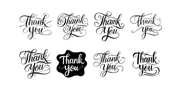 Vector thank you vector typography set hand lettered black on white elegant calligraphy illustration