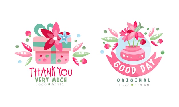 Thank You Very Much Logo Design Set Good Day Bright Hand Drawn Labels Vector Illustration