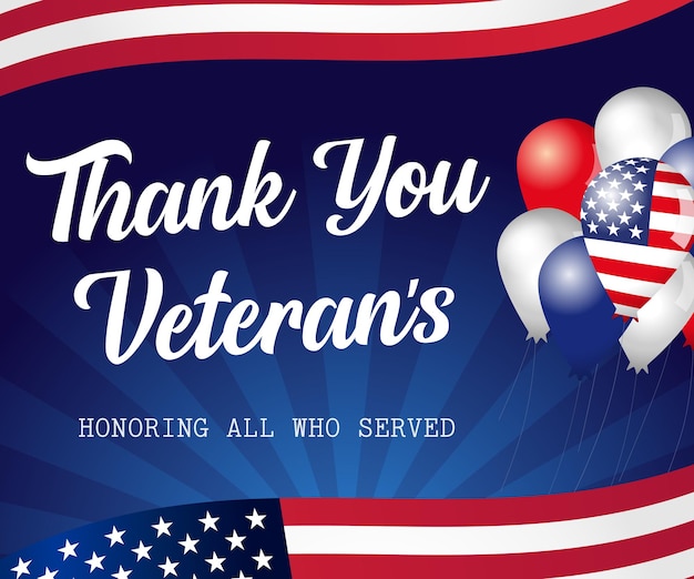 Thank You Veterans lettering, balloons and US flags, bright background. Veterans day USA November 11