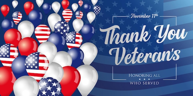 Thank You Veterans phrase and flying balloons, American flag background. Veterans day USA banner.