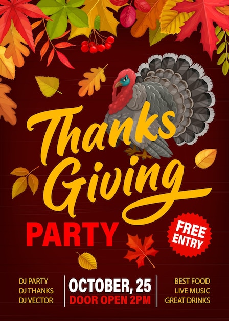 Vector thanks giving party flyer with turkey and leaves