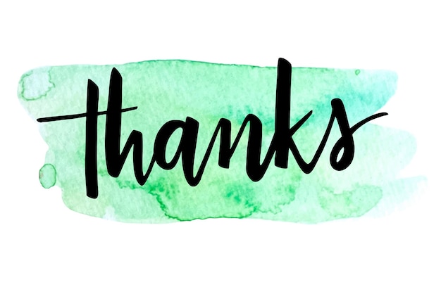 Thanks vector handwritten calligraphy over green watercolor brush strokes.