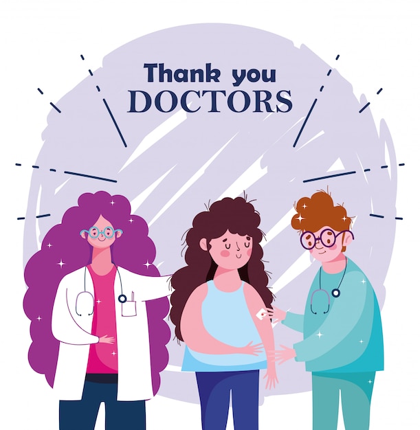 Thanks you doctors, female physician and male nurse with girl