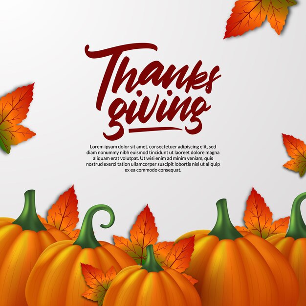 Vector thanksgiving 3d realistic pumpkin and autumn fall maple leaves greeting card template