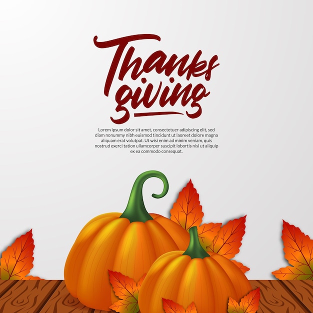 Thanksgiving 3d realistic pumpkin and autumn fall maple leaves and wood wooden table greeting card template