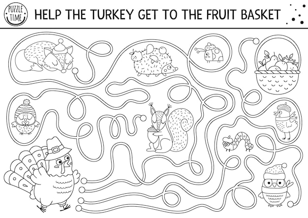 Thanksgiving black and white maze for children Autumn line holiday preschool printable activity Fall outline labyrinth game or puzzle with cute bird apples animals Help turkey get to basketxA