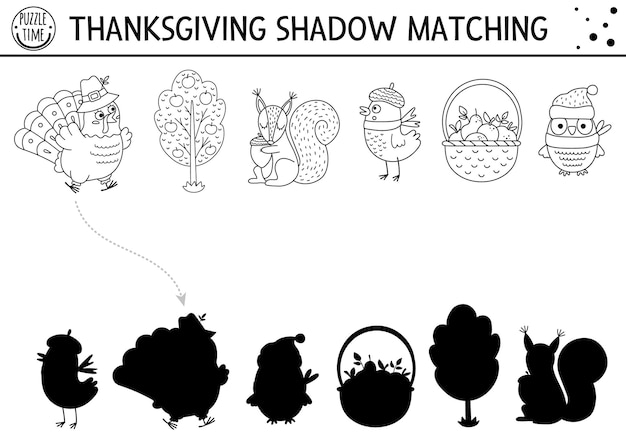 Thanksgiving black and white shadow matching activity with cute animals harvest Autumn holiday line puzzle with turkey apples Find correct silhouette outline printable worksheet or gamexA