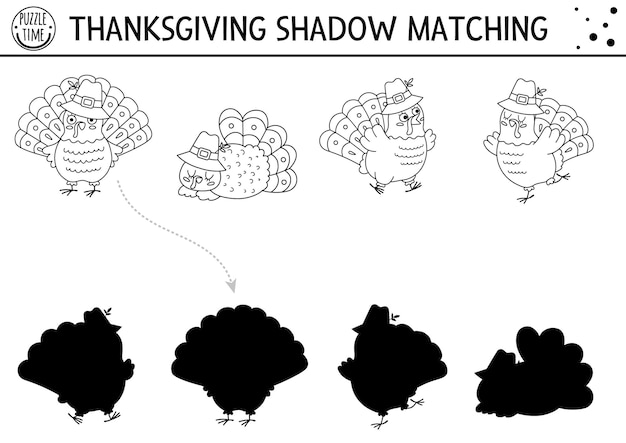 Thanksgiving black and white shadow matching activity with cute turkeys Autumn holiday line puzzle with traditional birds Find the correct silhouette printable worksheet coloring pagexA