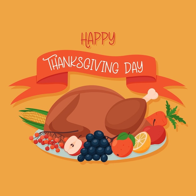 A Thanksgiving card Roast turkey on a platter with seasonal autumn vegetables and fruits A ribbon with the words Happy Thanksgiving day Flat vector illustration on a yellow background