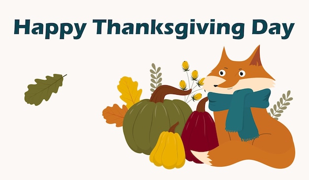 Thanksgiving card template with fox and pumpkins