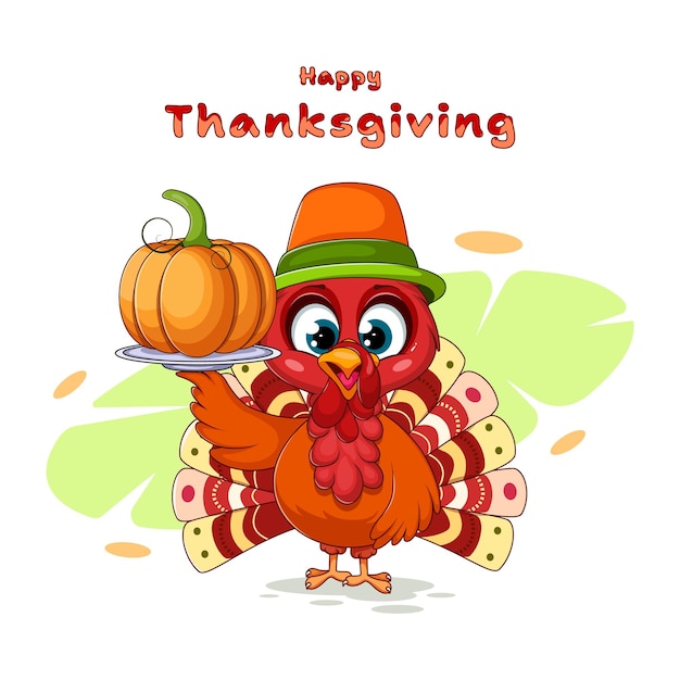 Vector thanksgiving card turkey with hat and pumpkin