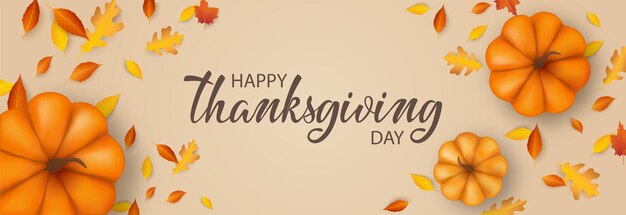 Vector thanksgiving day banner background with pumpkins and fall foliage realistic 3d illustration