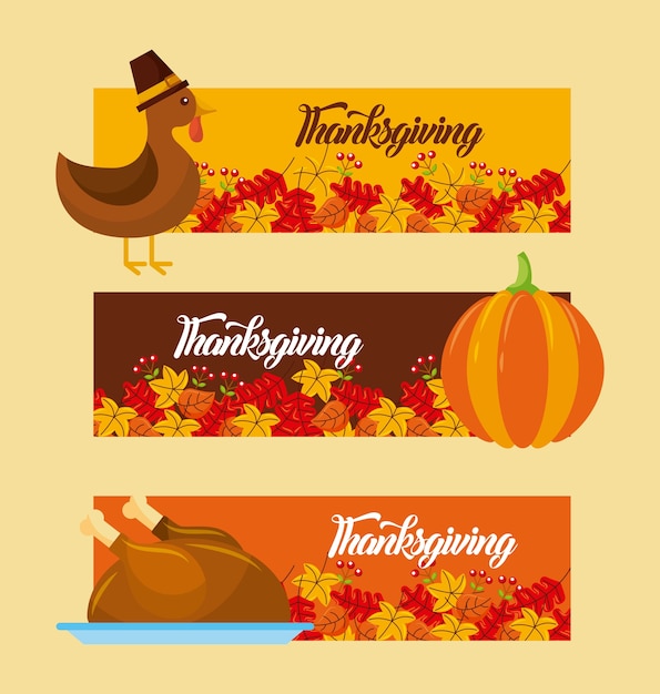 Thanksgiving day horizontal banner set with traditional food and leaves