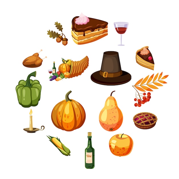 Thanksgiving Day icons set, cartoon style